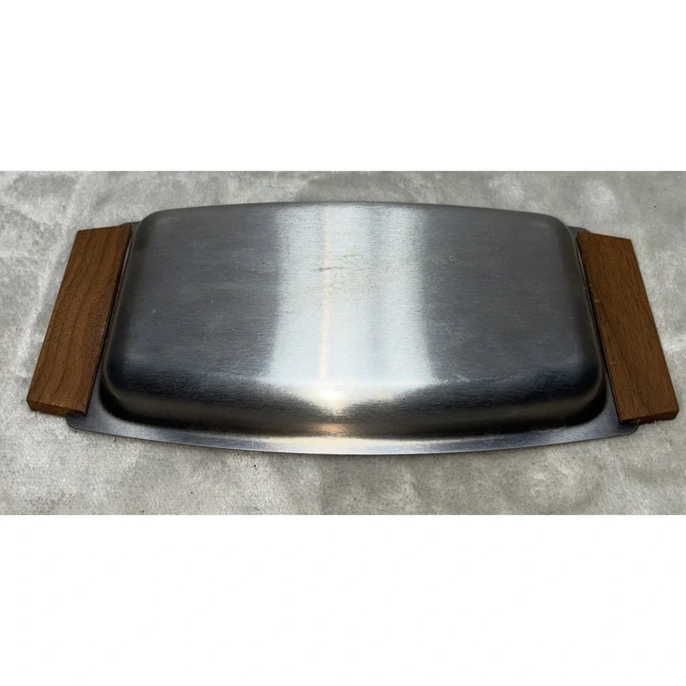 Vintage Snack Tray Single Server Walnut Stainless Steel Flair By Foley 8x4
